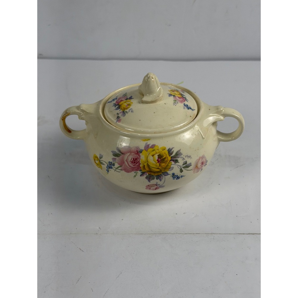 Vintage Taylor Smith Taylor TST Floral Sugar Bowl & Lid Cream Pink Yellow Rose